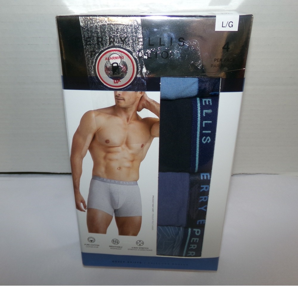 Perry Ellis Portfolio Mens 4 Pack Boxer Briefs Blue Grey Cotton Stretch Size LRG